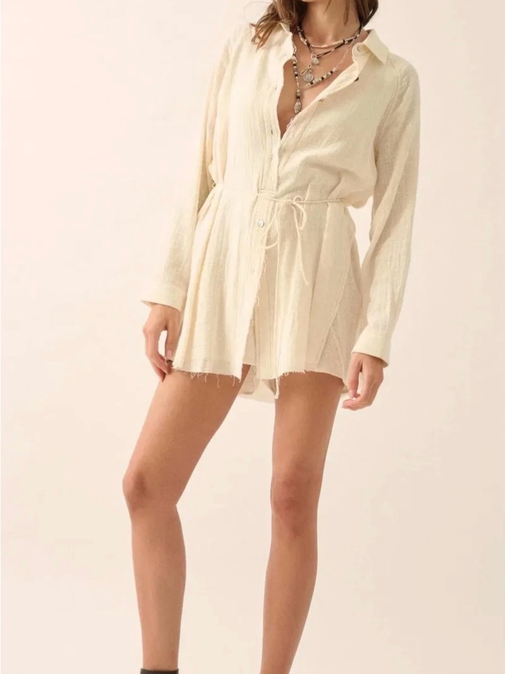 Promesa Cream Button-Front Swim Coverup with Waist Tie
